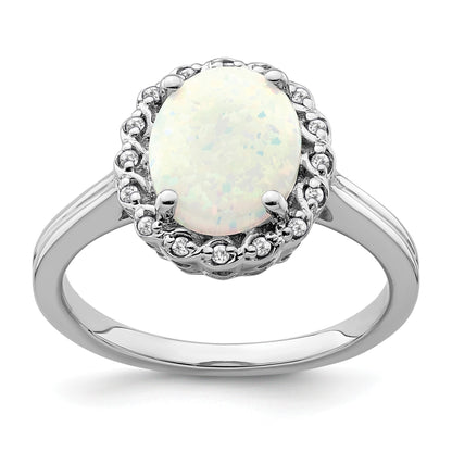 14k White Gold 10x8mm Oval Lab-Created Opal and 1/15 carat Diamond Halo Ring