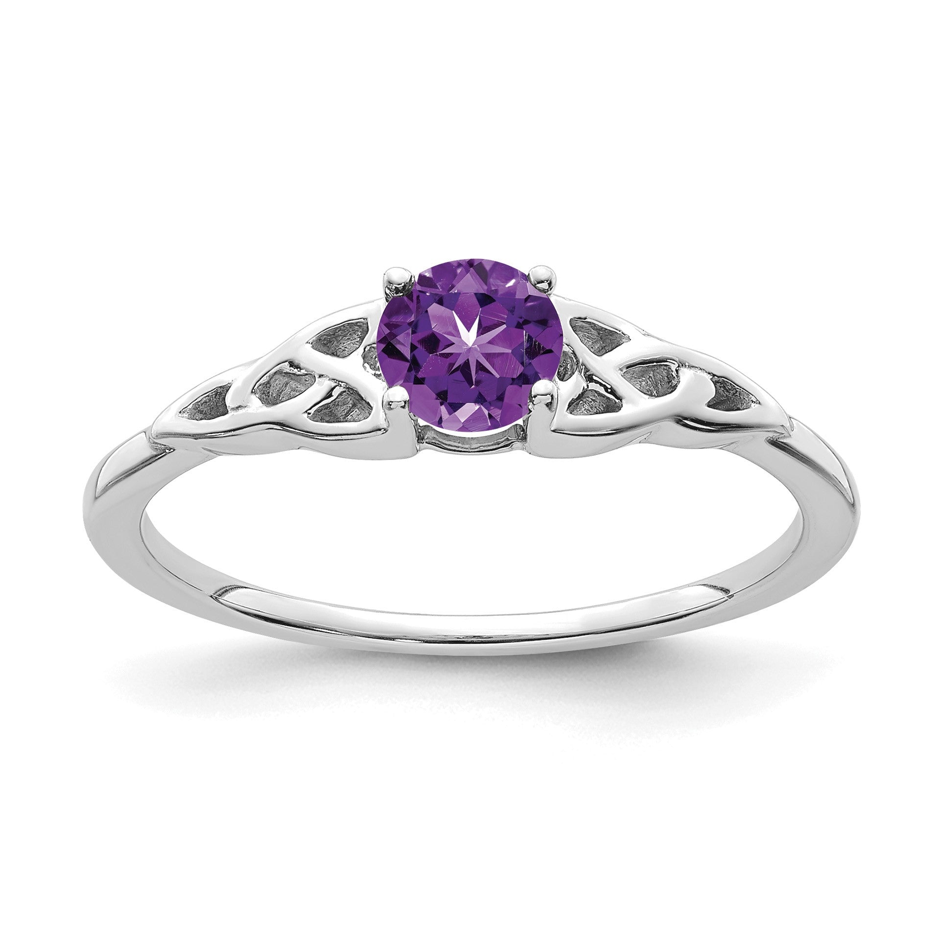 14K White Gold 4.5mm Round Amethyst Celtic Knot Ring