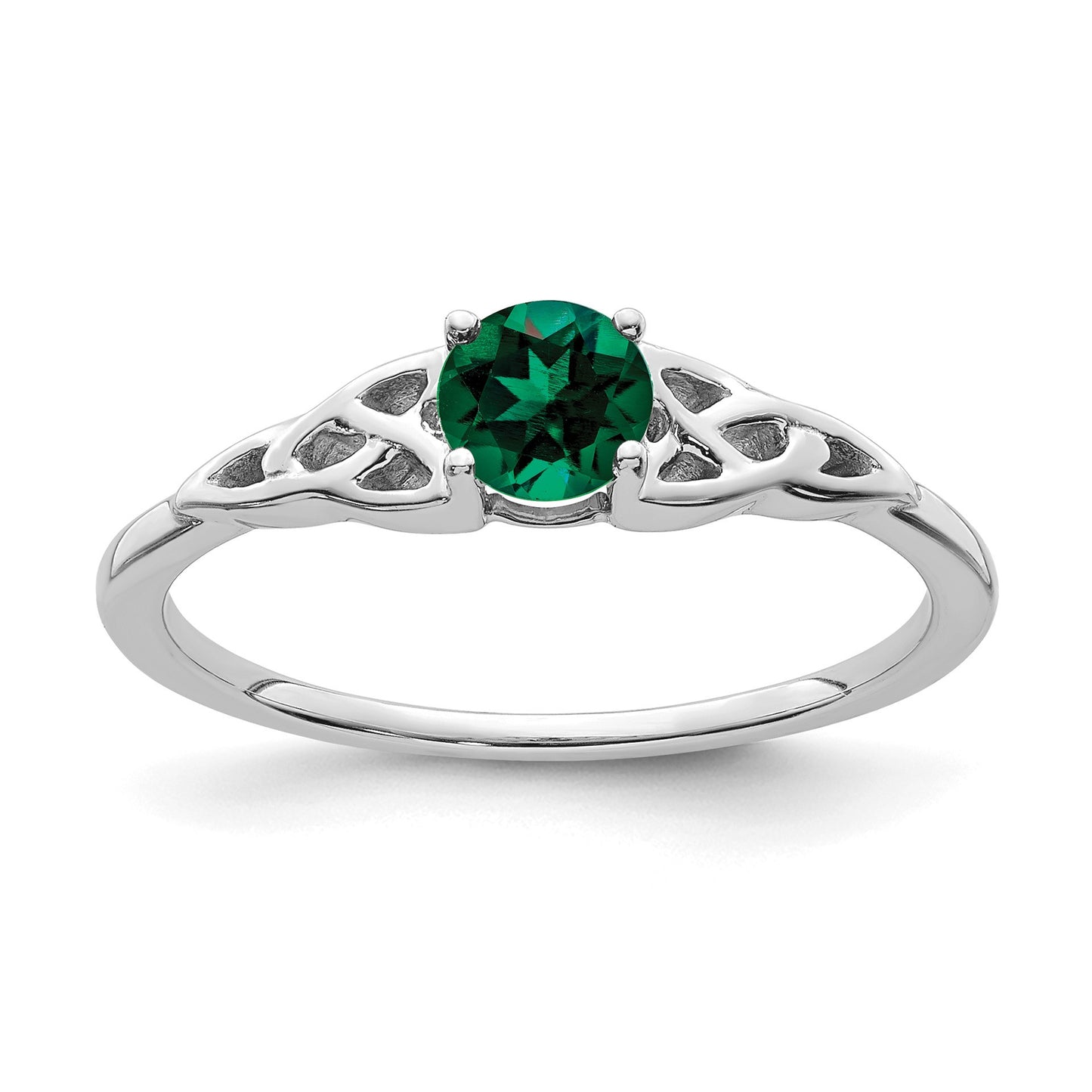 14K White Gold 4.5mm Round Lab Created Emerald Celtic Knot Ring