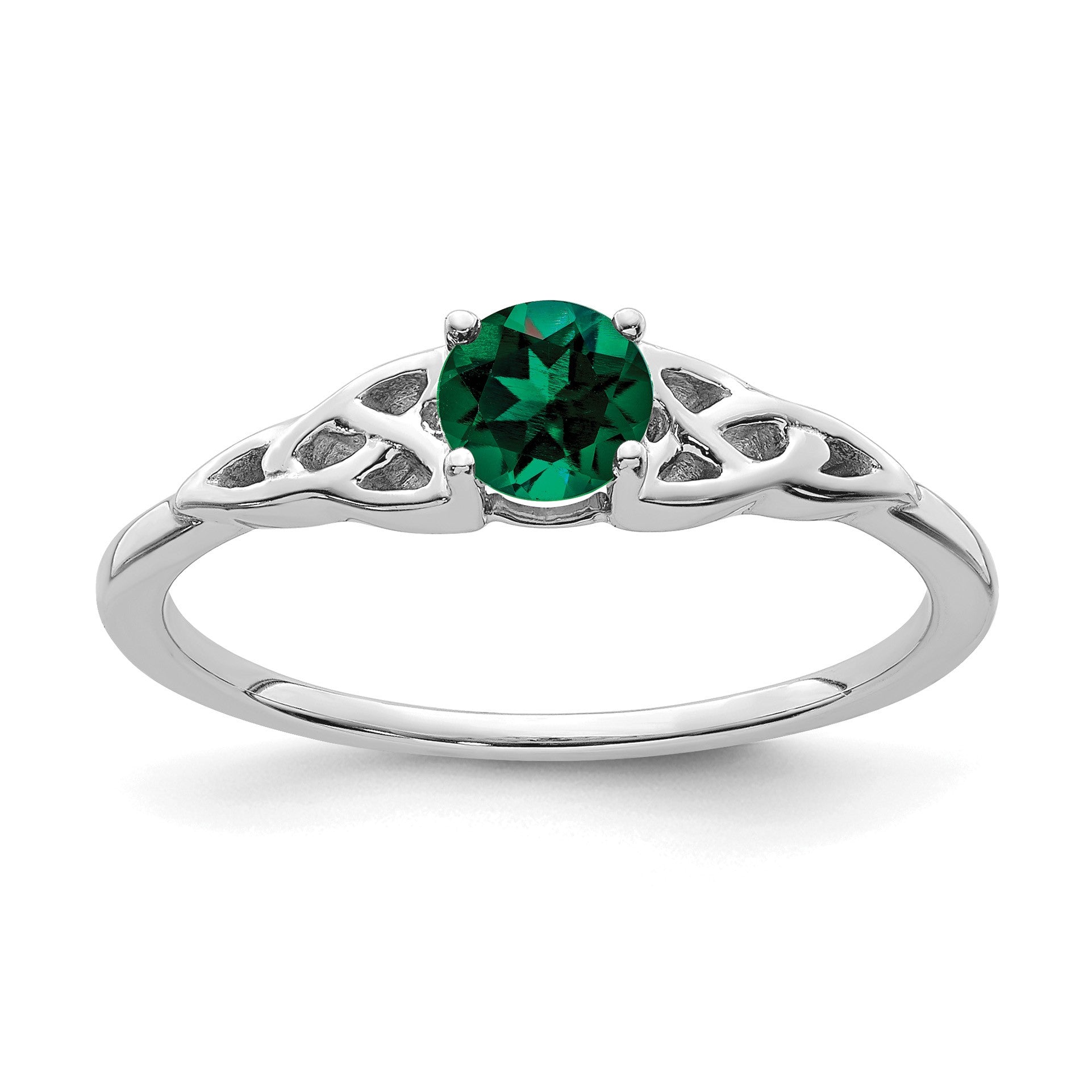 14K White Gold 4.5mm Round Lab Created Emerald Celtic Knot Ring
