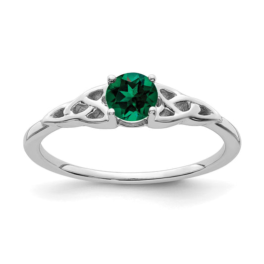 14K White Gold 4.5mm Round Lab Created Emerald Celtic Knot Ring