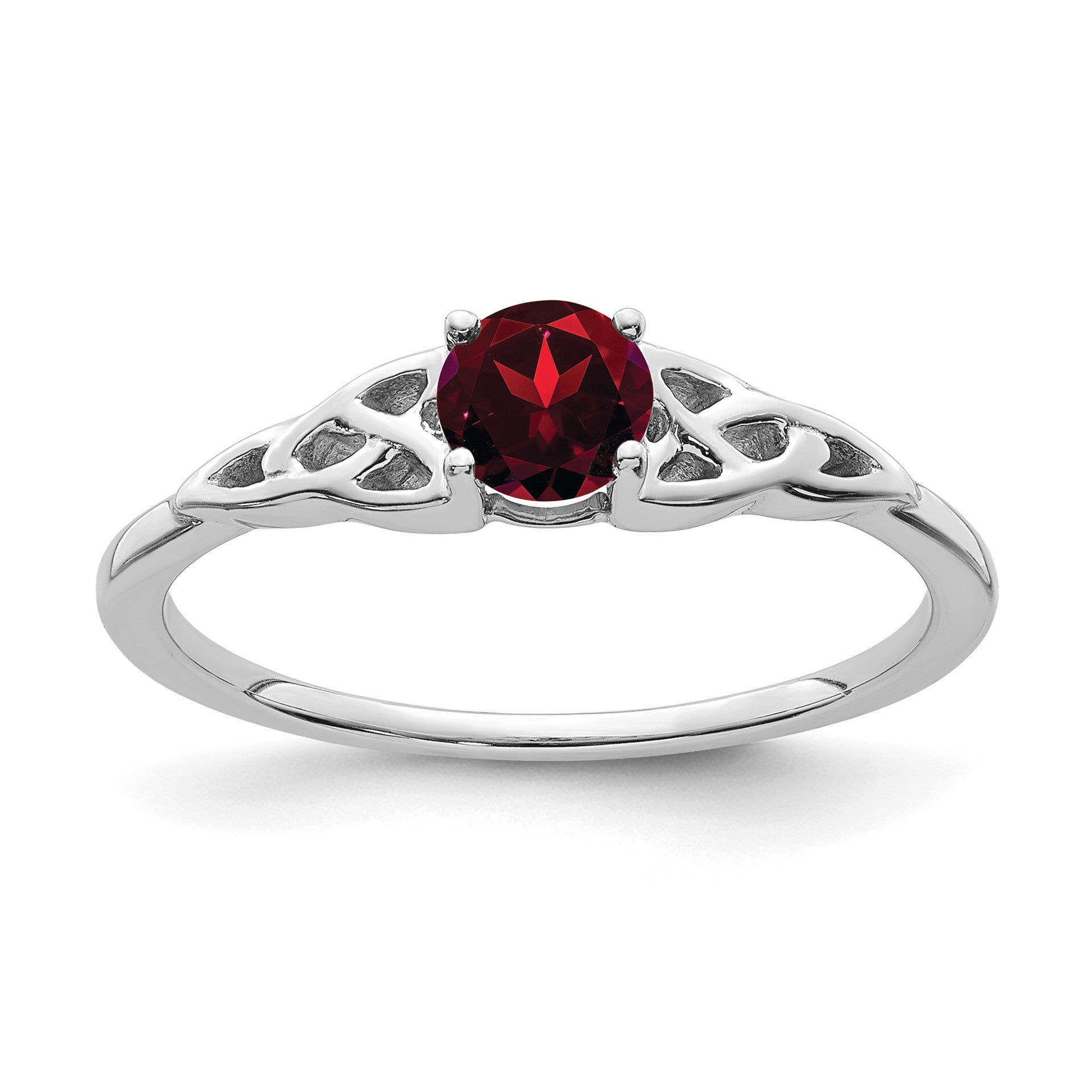 14K White Gold 4.5mm Round Garnet Celtic Knot Ring