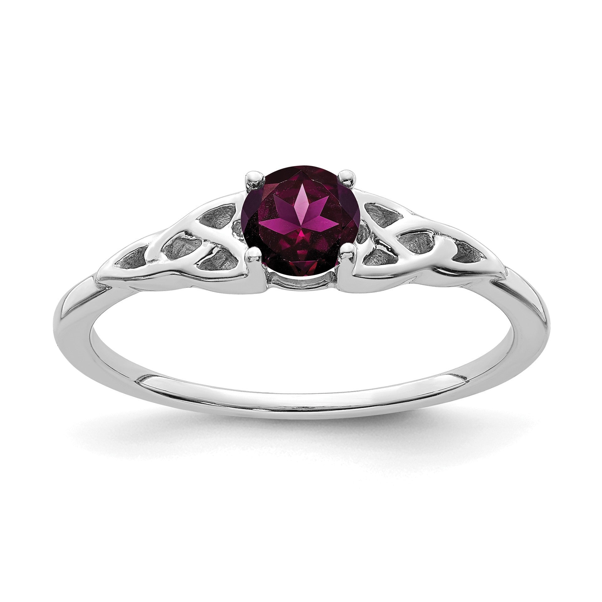 14K White Gold 4.5mm Round Rhodolite Garnet Celtic Knot Ring