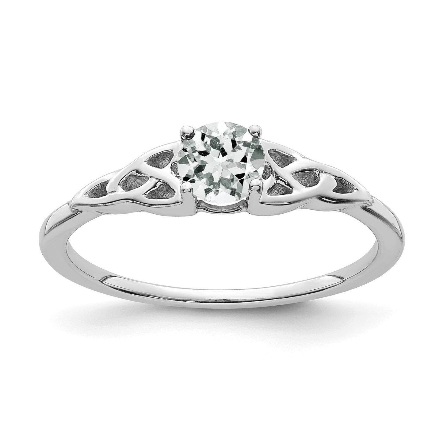 14K White Gold 4.5mm Round White Topaz Celtic Knot Ring