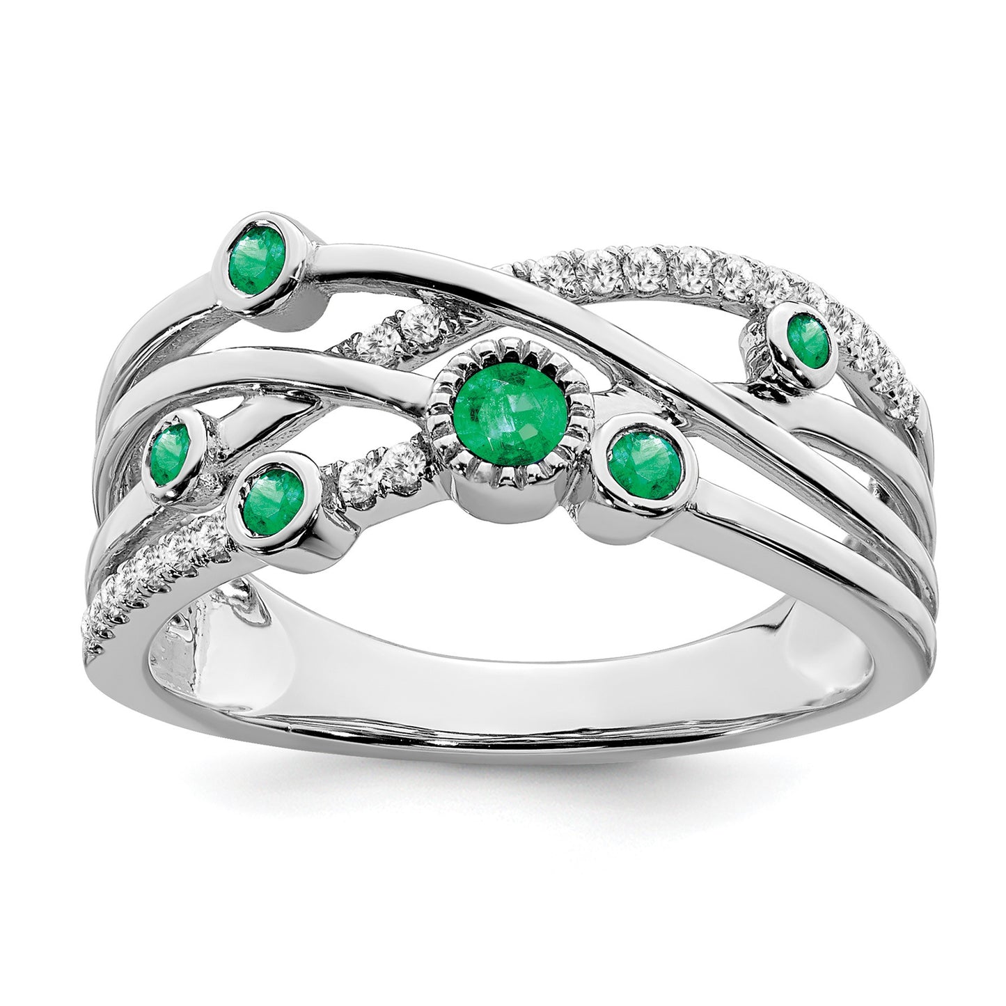 14k White Gold Bezel-set Emerald and  1/10 carat Diamond Ring