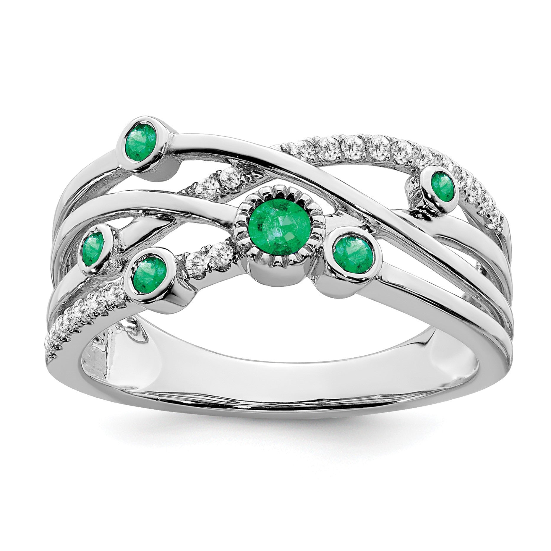 14k White Gold Bezel-set Emerald and  1/10 carat Diamond Ring