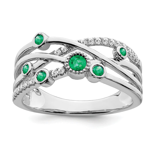 14k White Gold Bezel-set Emerald and  1/10 carat Diamond Ring