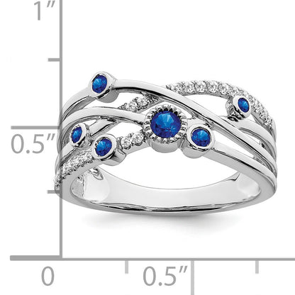 14k White Gold Bezel-set Blue Sapphire and  1/10 carat Diamond Ring