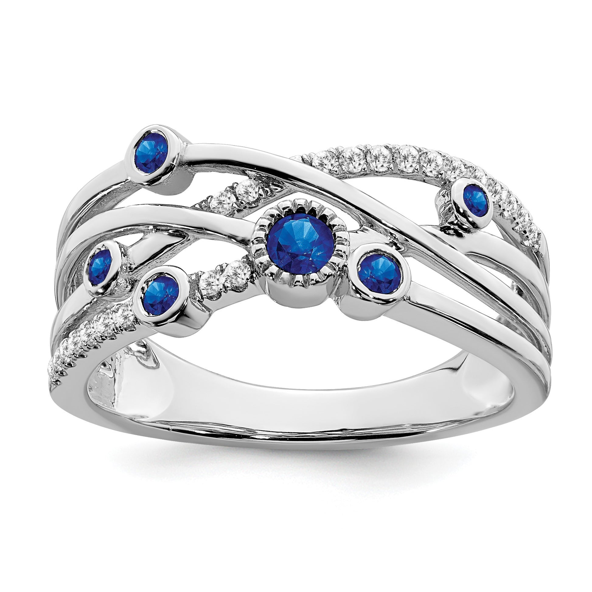 14k White Gold Bezel-set Blue Sapphire and  1/10 carat Diamond Ring