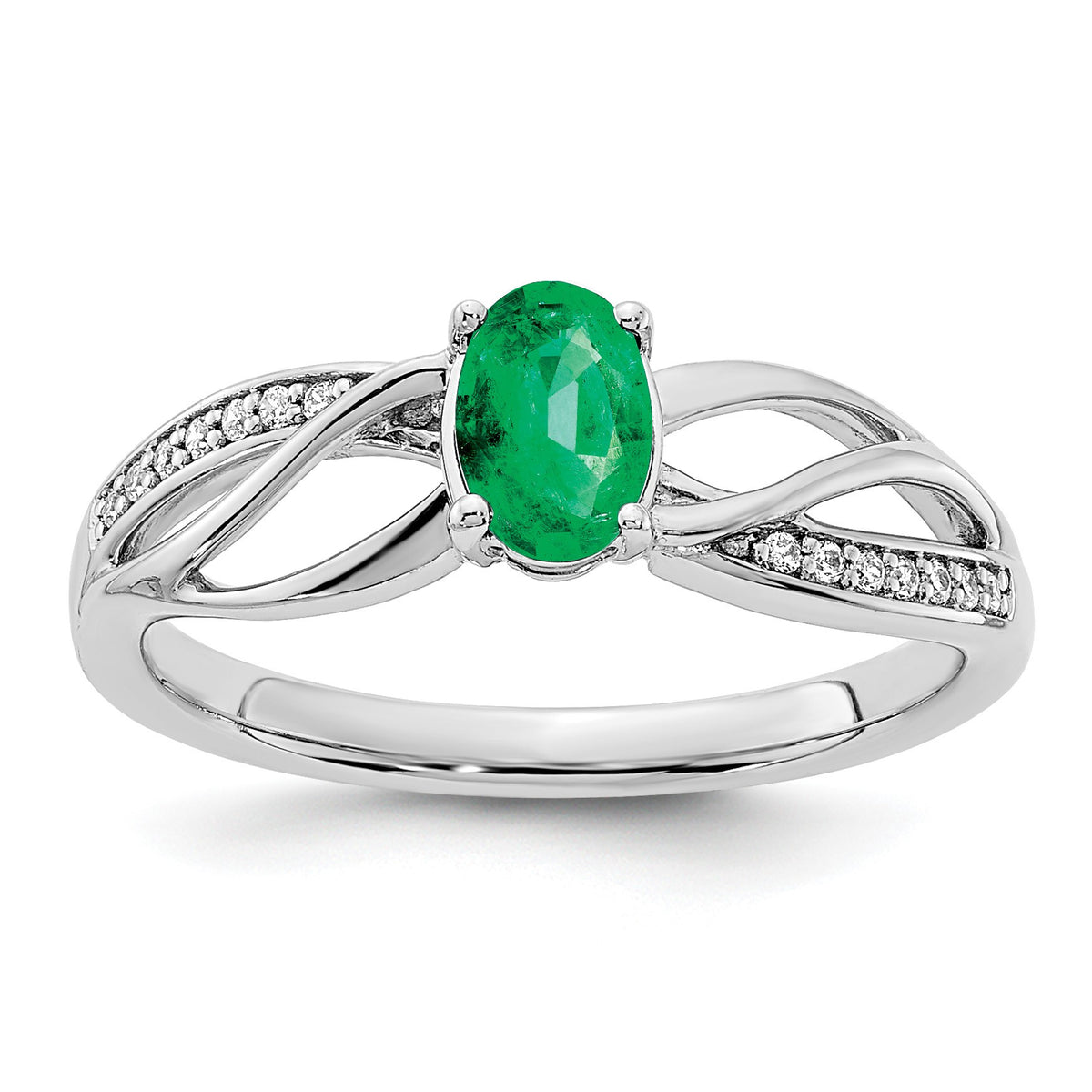14k White Gold Polished 6x5mm Oval Emerald and 1/20 carat Diamond Ring