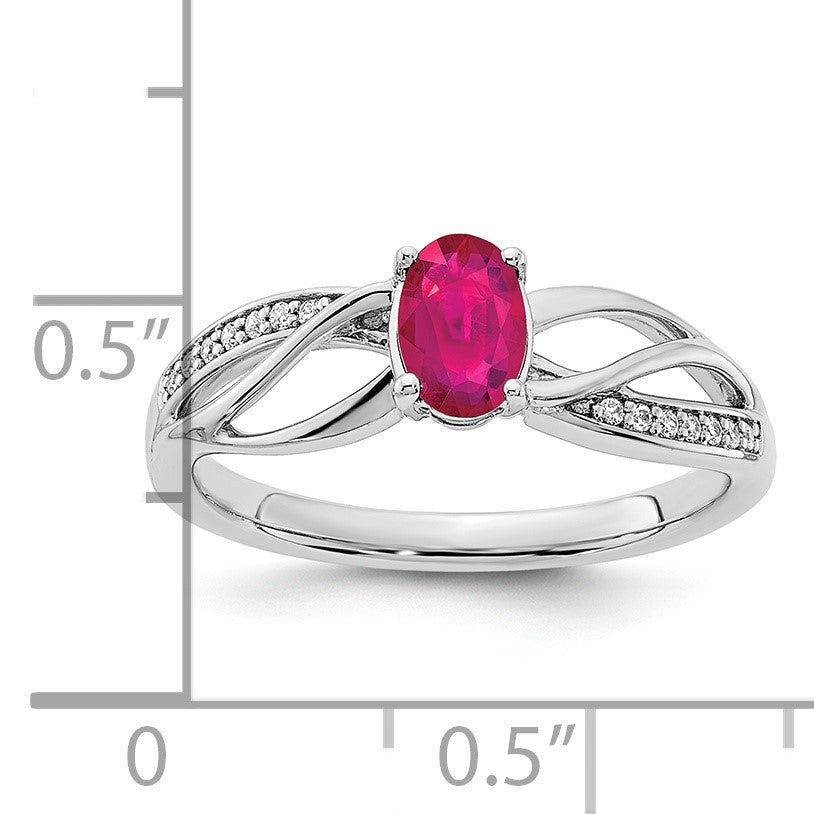 14k White Gold Polished 6x5mm Oval Ruby and 1/20 carat Diamond Ring
