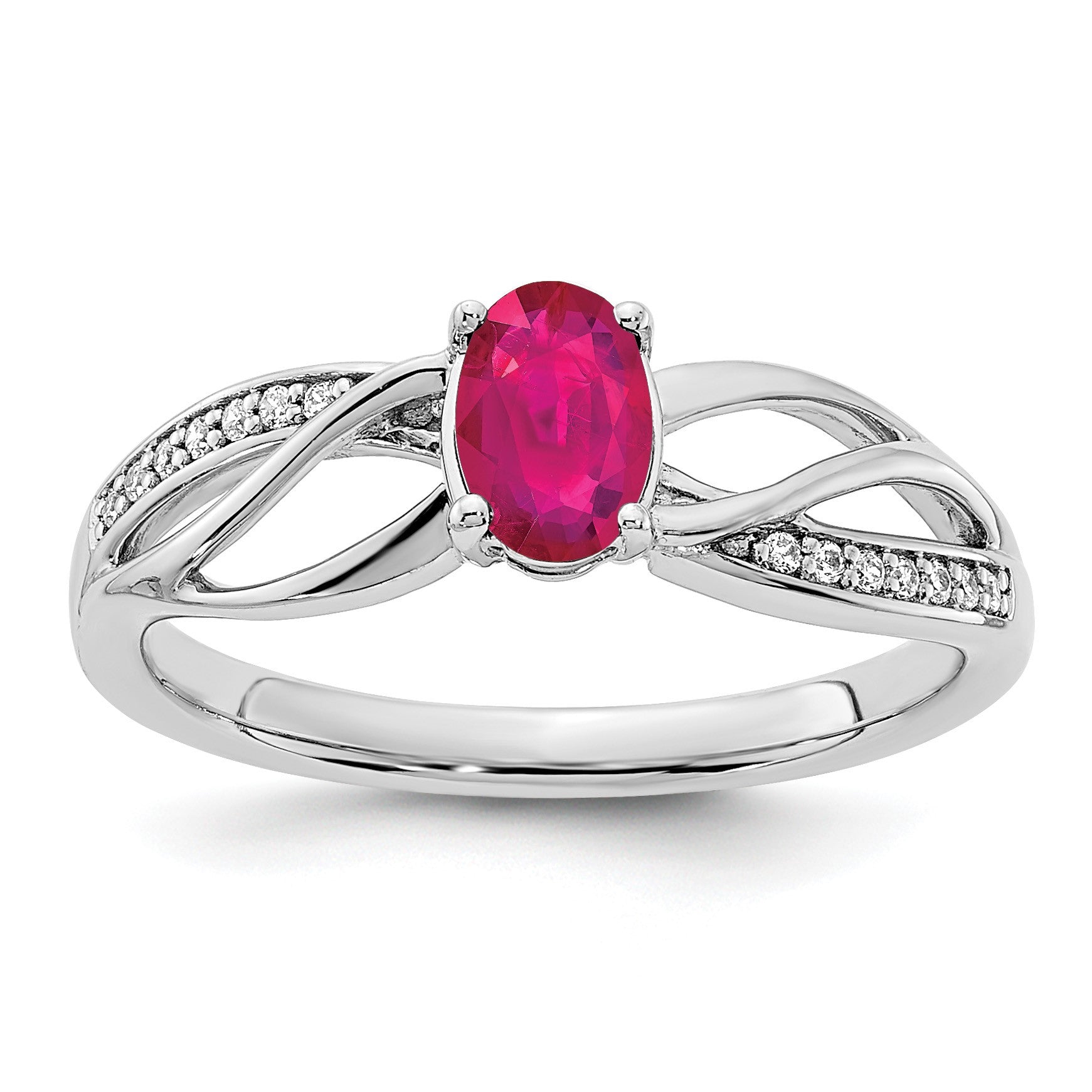 14k White Gold Polished 6x5mm Oval Ruby and 1/20 carat Diamond Ring