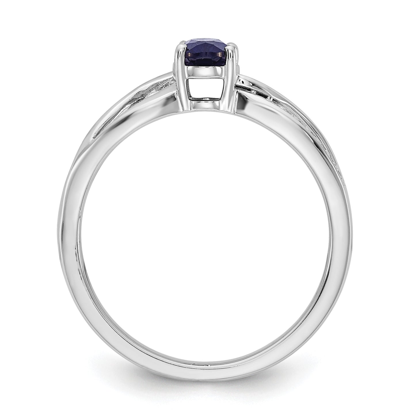 14k White Gold Polished 6x5mm Oval Blue Sapphire and 1/20 carat Diamond Ring