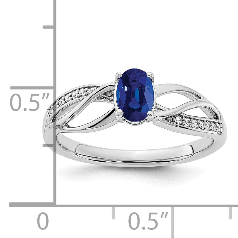 14k White Gold Polished 6x5mm Oval Blue Sapphire and 1/20 carat Diamond Ring