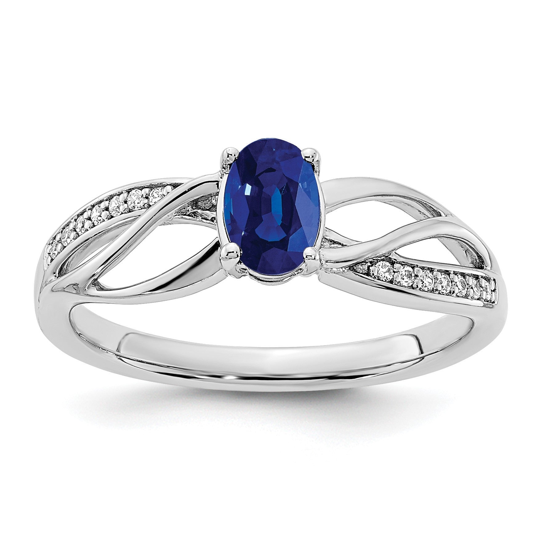 14k White Gold Polished 6x5mm Oval Blue Sapphire and 1/20 carat Diamond Ring