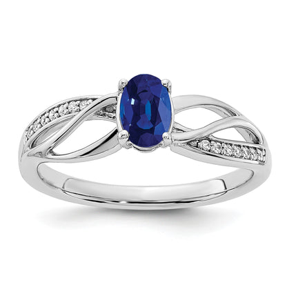 14k White Gold Polished 6x5mm Oval Blue Sapphire and 1/20 carat Diamond Ring