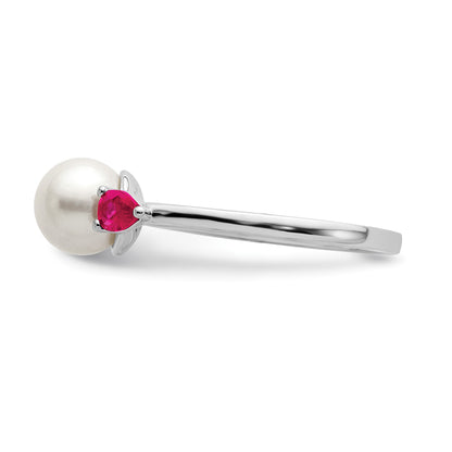 14k White Gold 6-7mm Freshwater Cultured Pearl and Pear Ruby Ring