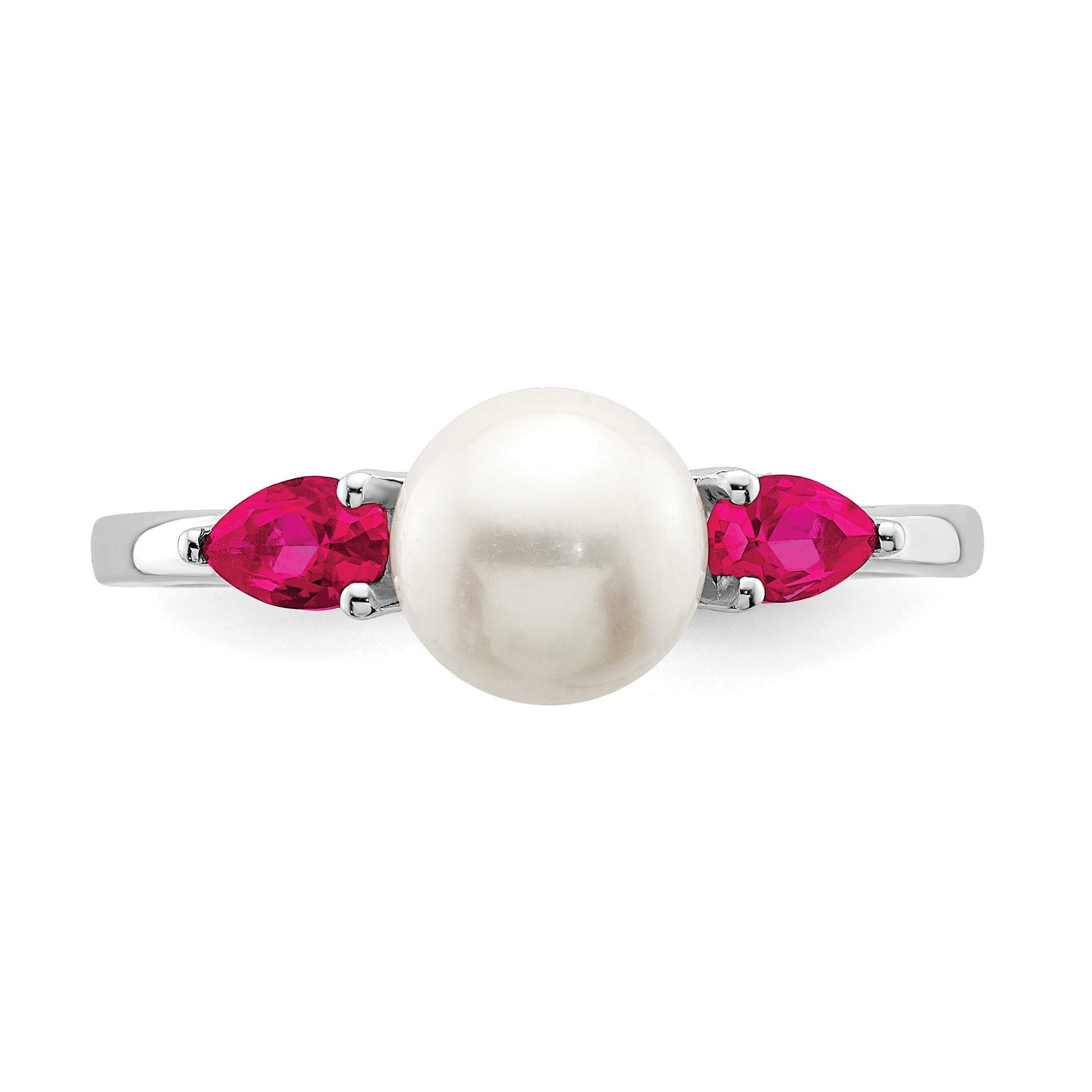 14k White Gold 6-7mm Freshwater Cultured Pearl and Pear Ruby Ring