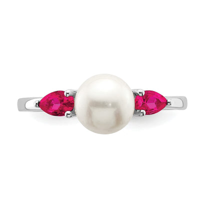 14k White Gold 6-7mm Freshwater Cultured Pearl and Pear Ruby Ring