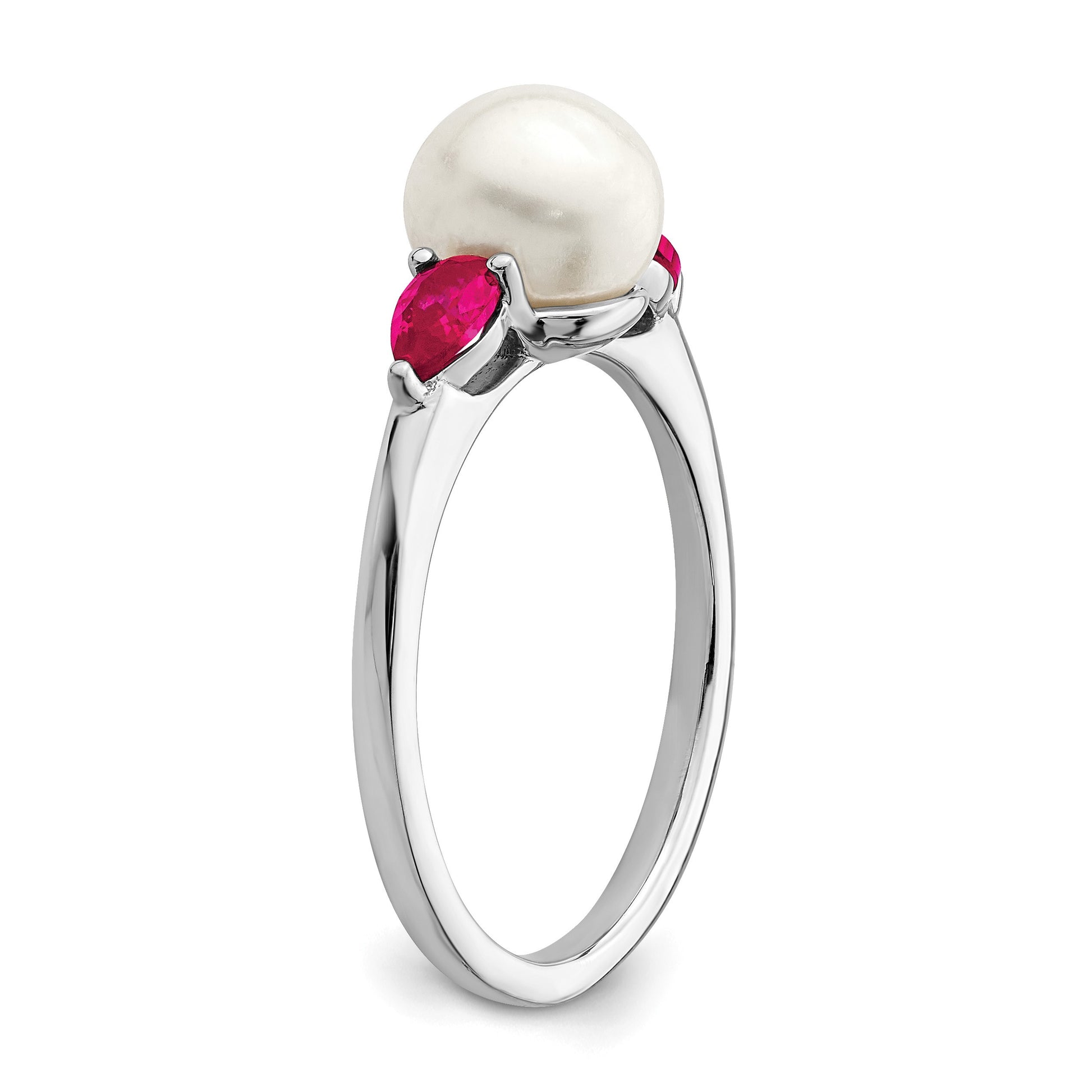 14k White Gold 6-7mm Freshwater Cultured Pearl and Pear Ruby Ring