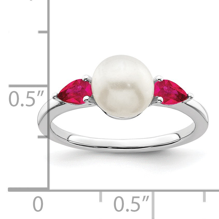 14k White Gold 6-7mm Freshwater Cultured Pearl and Pear Ruby Ring