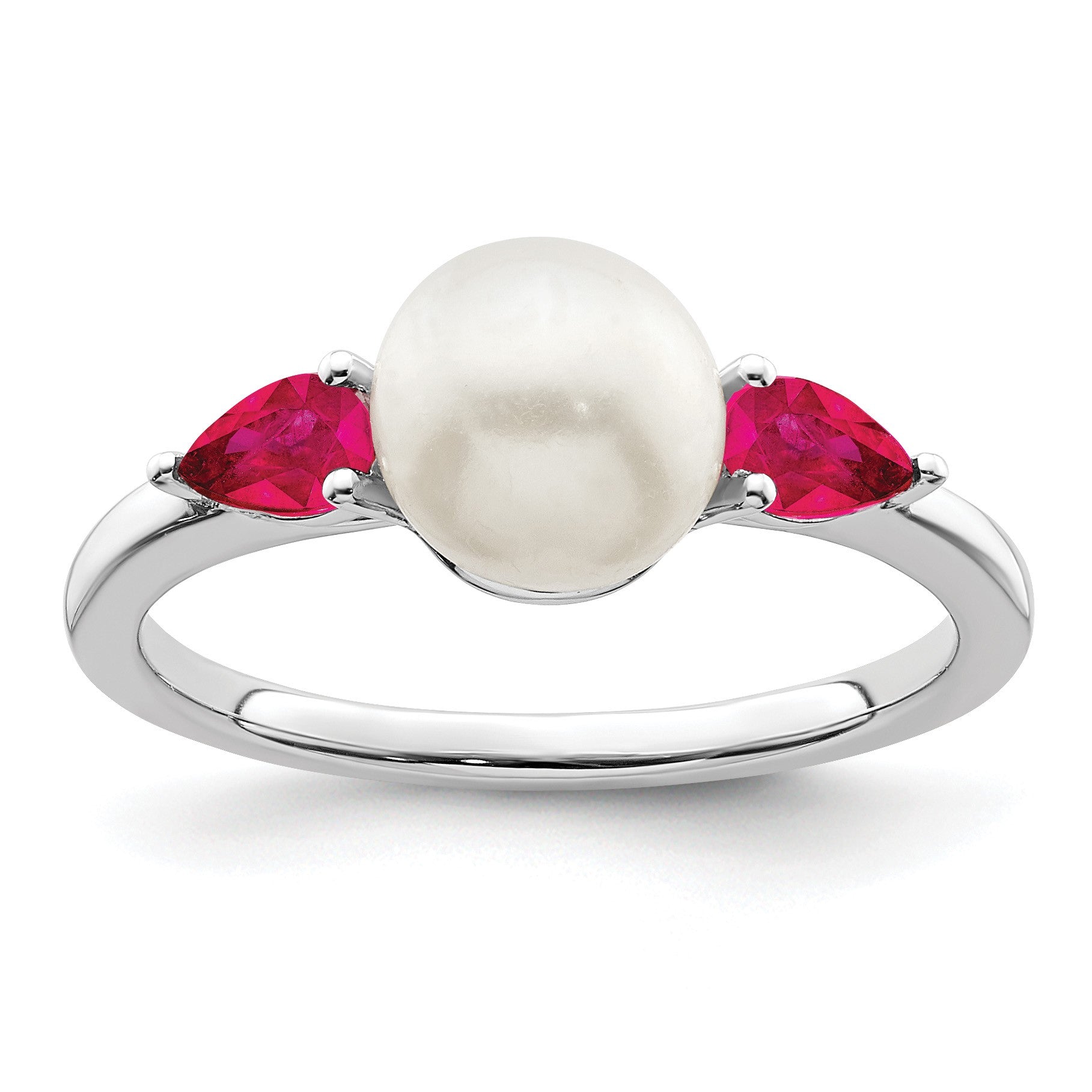 14k White Gold 6-7mm Freshwater Cultured Pearl and Pear Ruby Ring