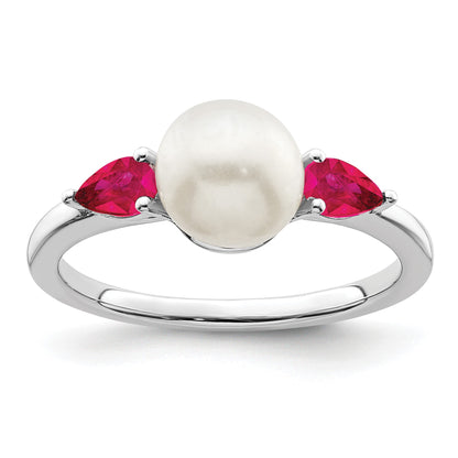 14k White Gold 6-7mm Freshwater Cultured Pearl and Pear Ruby Ring