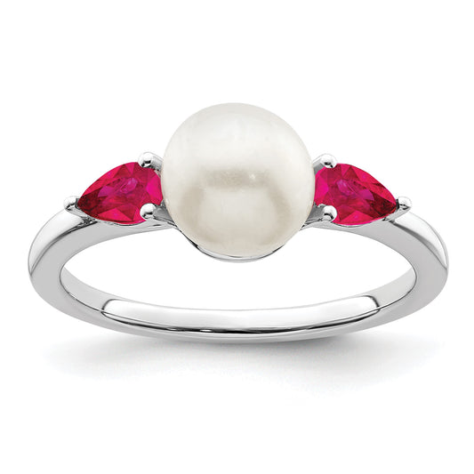 14k White Gold 6-7mm Freshwater Cultured Pearl and Pear Ruby Ring