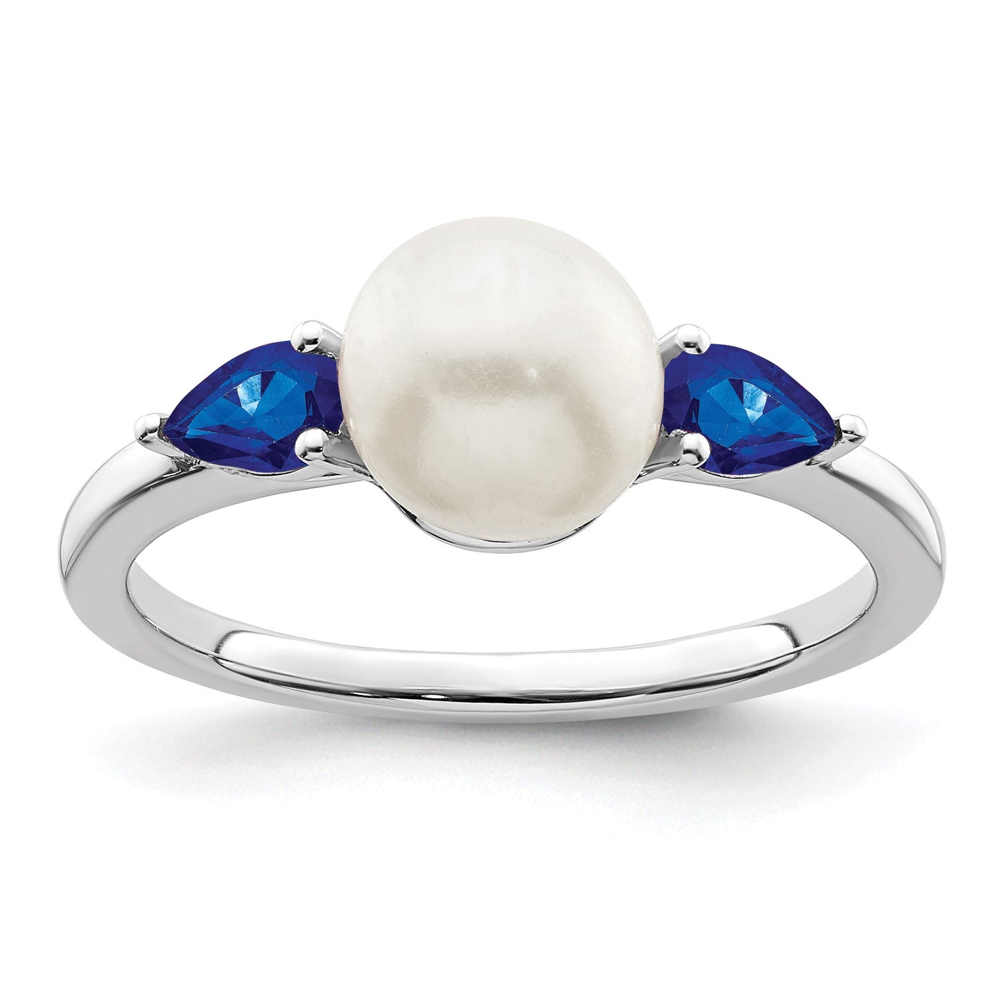 14k White Gold 6-7mm Freshwater Cultured Pearl and Pear Sapphire Ring