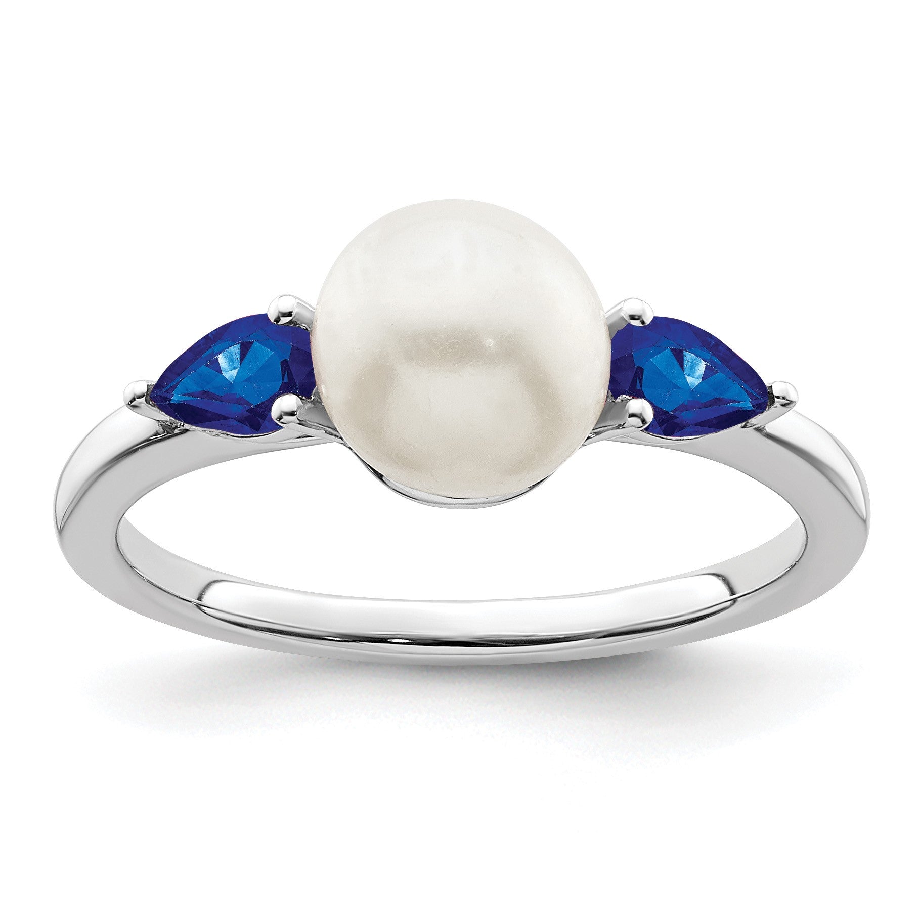 14k White Gold 6-7mm Freshwater Cultured Pearl and Pear Sapphire Ring