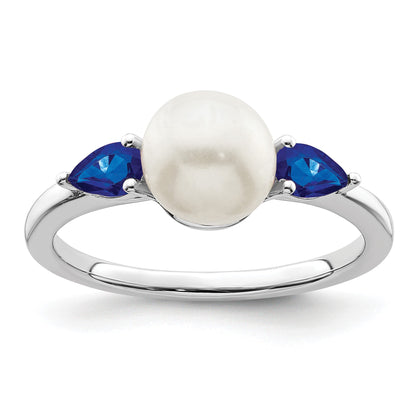 14k White Gold 6-7mm Freshwater Cultured Pearl and Pear Sapphire Ring