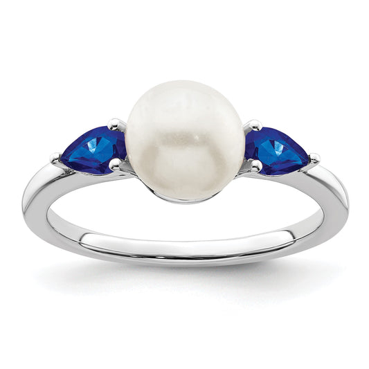 14k White Gold 6-7mm Freshwater Cultured Pearl and Pear Sapphire Ring