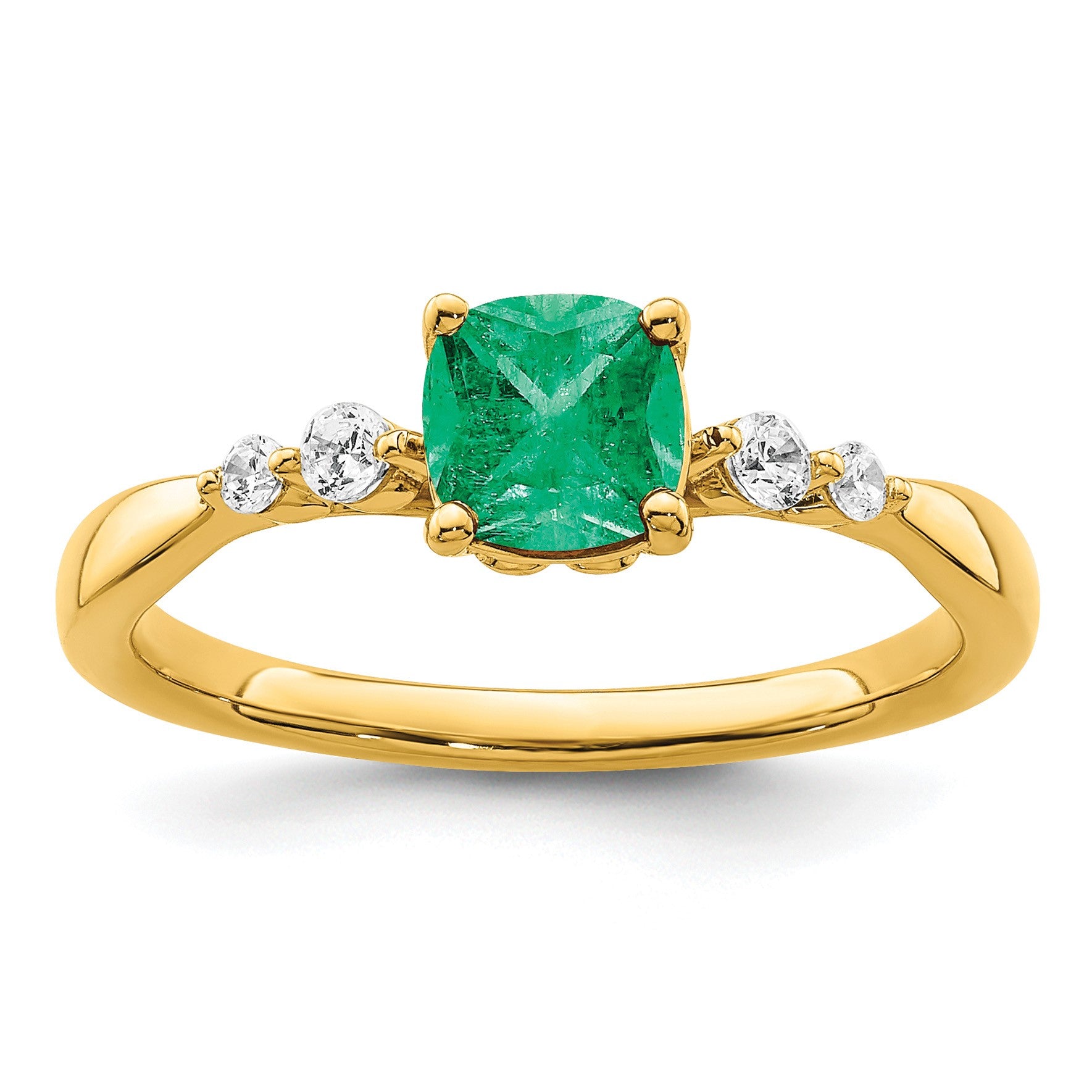 14k Polished 1/8 carat Diamond and 5.5mm Cushion Emerald Ring
