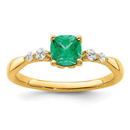 14k Polished 1/8 carat Diamond and 5.5mm Cushion Emerald Ring