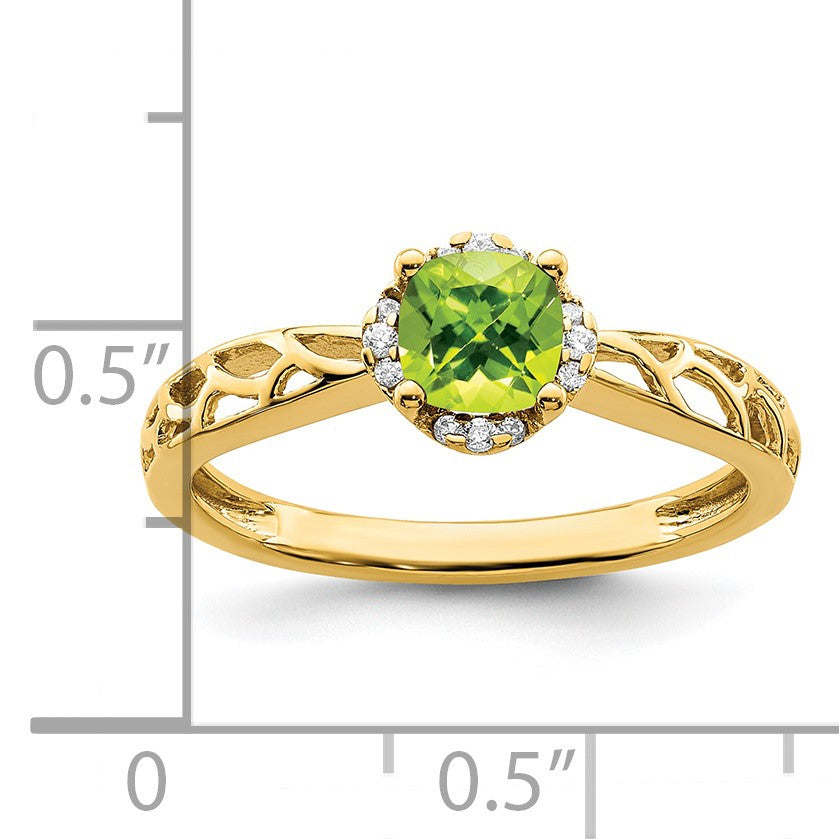 14k Polished 5mm Cushion Peridot and 1/20 carat Diamond Ring