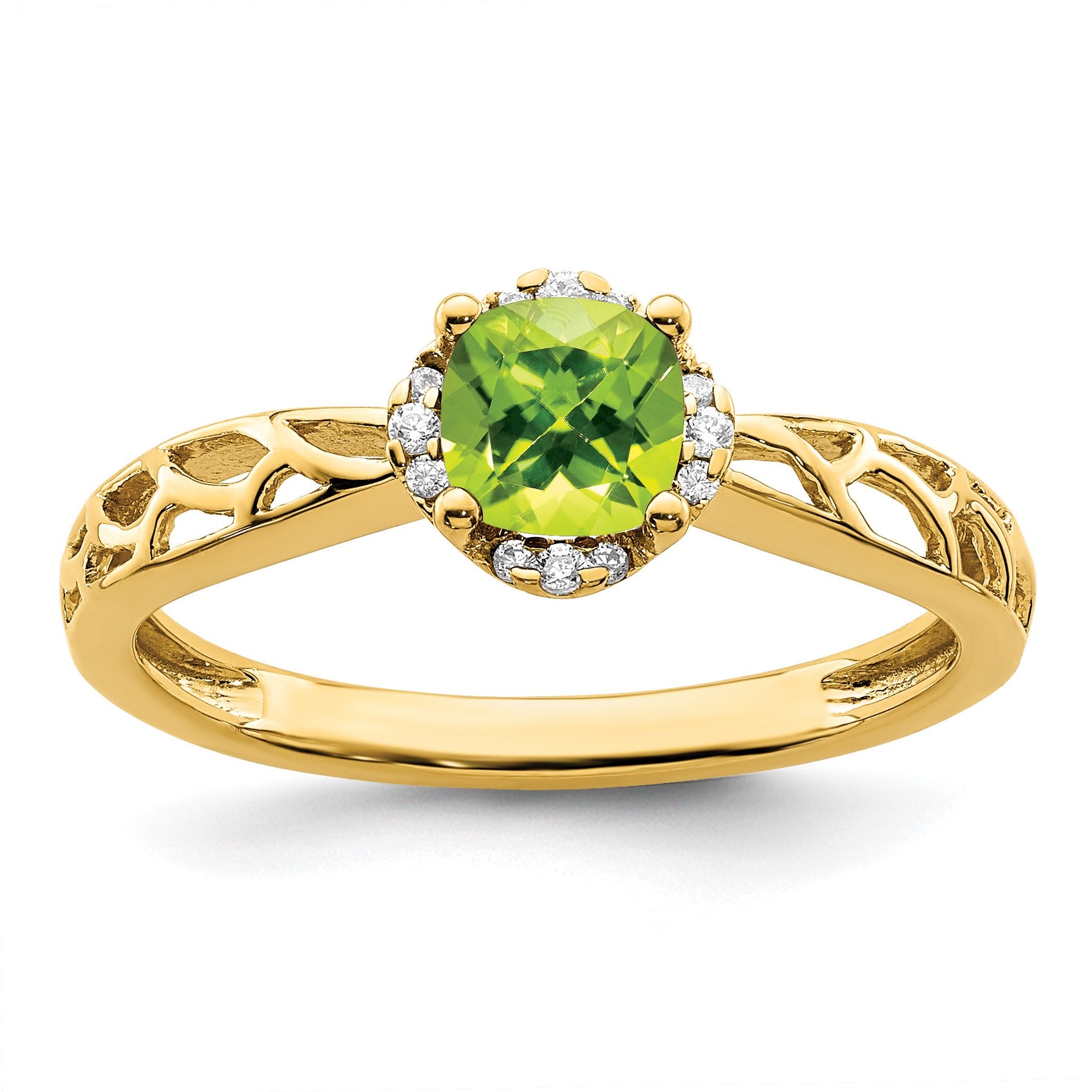 14k Polished 5mm Cushion Peridot and 1/20 carat Diamond Ring