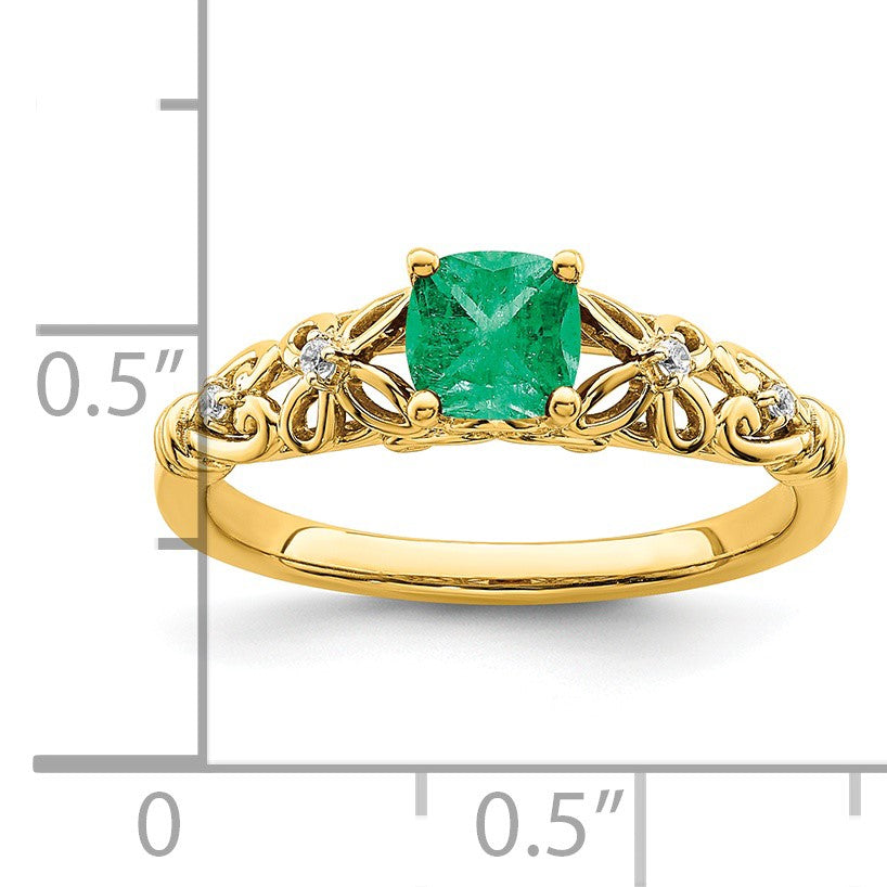 14k White Gold Polished 5mm Cushion Emerald and Diamond Filigree Ring