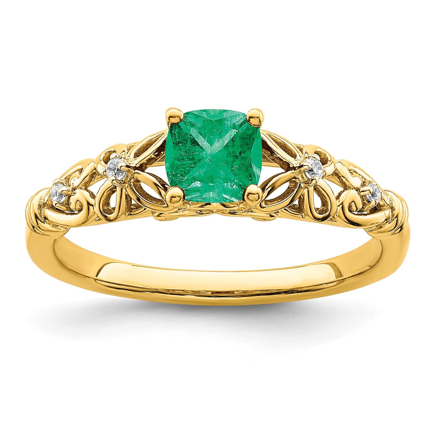 14k White Gold Polished 5mm Cushion Emerald and Diamond Filigree Ring