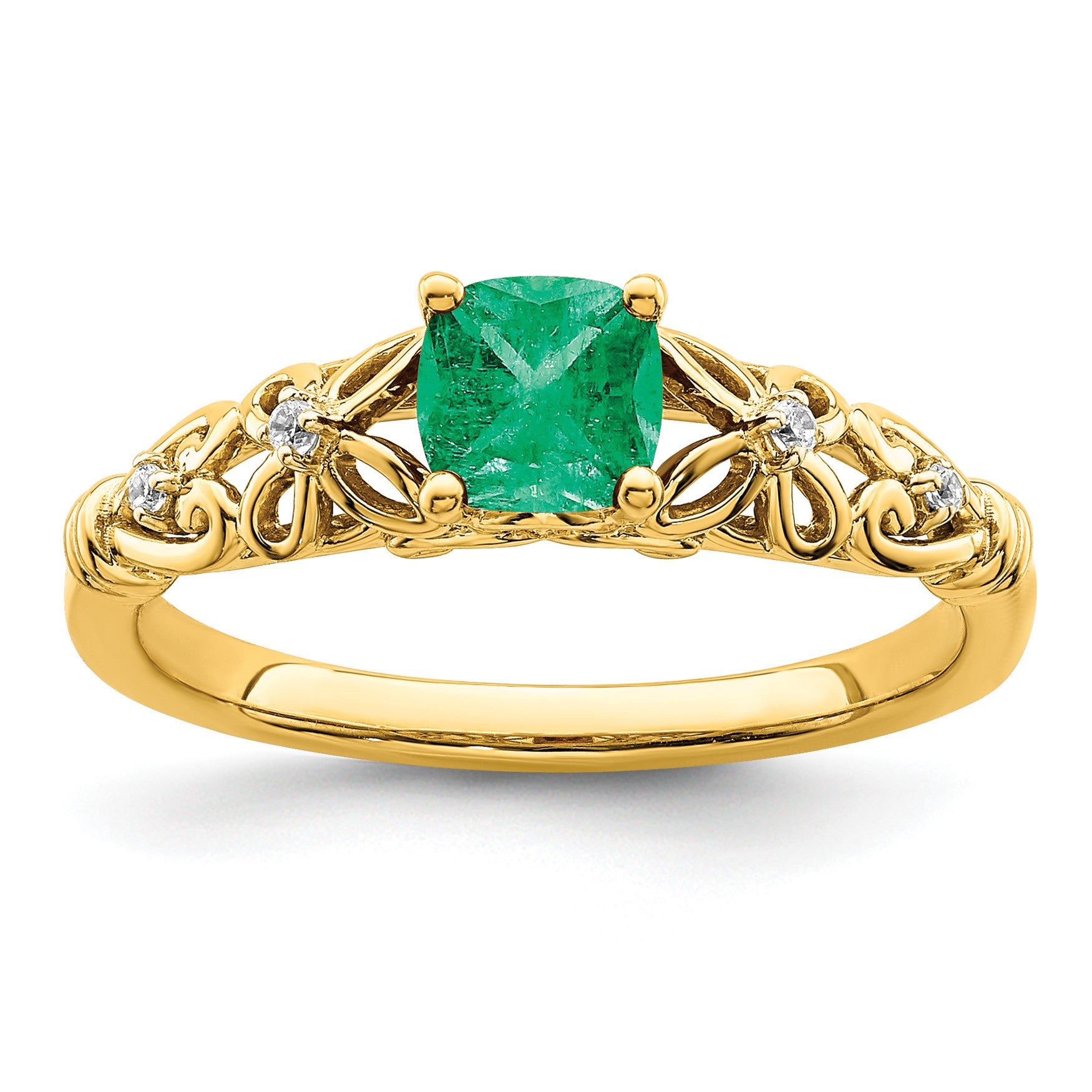 14k White Gold Polished 5mm Cushion Emerald and Diamond Filigree Ring