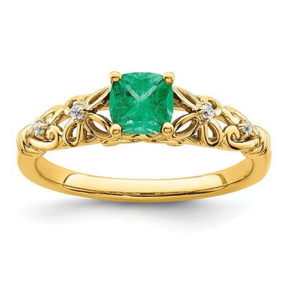 14k White Gold Polished 5mm Cushion Emerald and Diamond Filigree Ring
