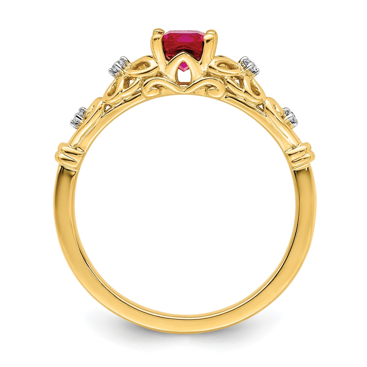 14k White Gold Polished 5mm Cushion Ruby and Diamond Filigree Ring