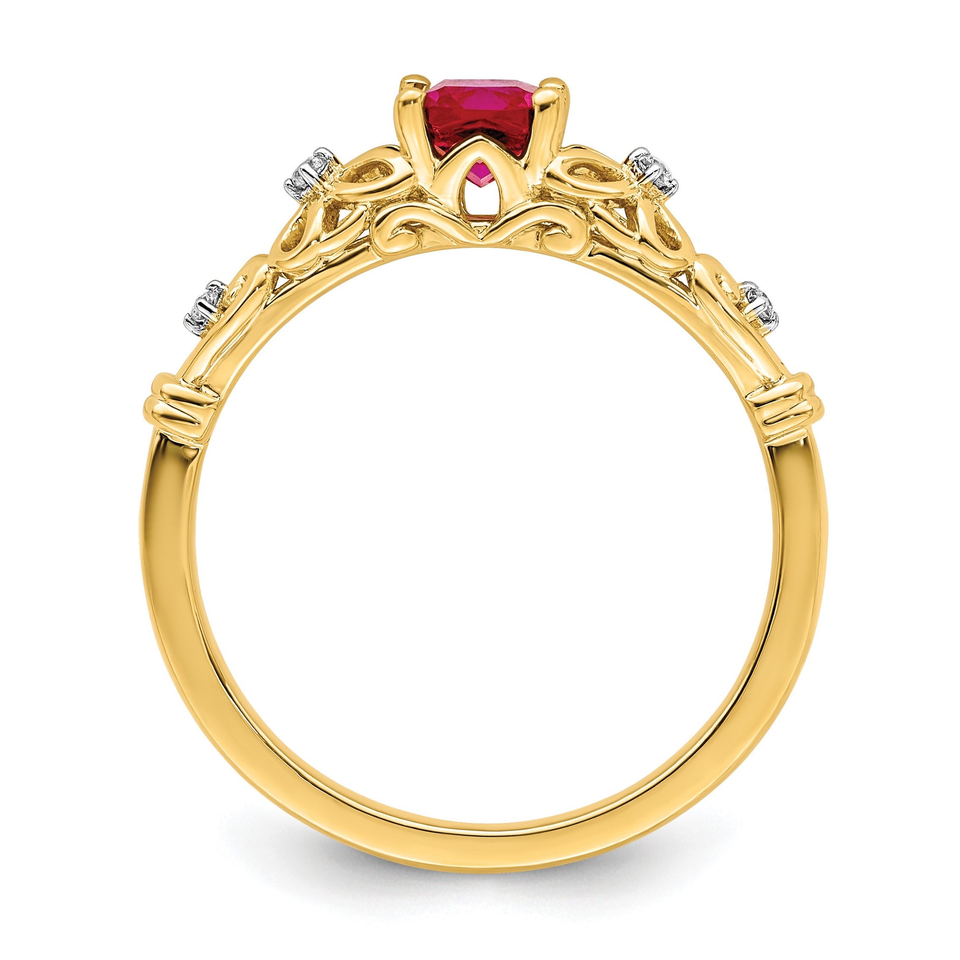 14k White Gold Polished 5mm Cushion Ruby and Diamond Filigree Ring