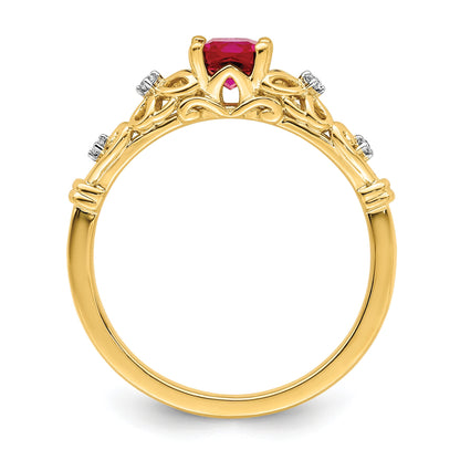 14k White Gold Polished 5mm Cushion Ruby and Diamond Filigree Ring