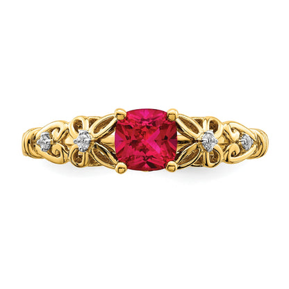 14k White Gold Polished 5mm Cushion Ruby and Diamond Filigree Ring