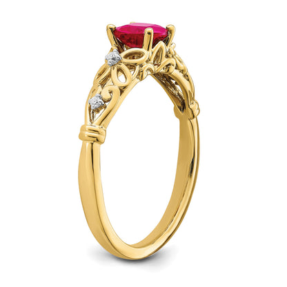 14k White Gold Polished 5mm Cushion Ruby and Diamond Filigree Ring