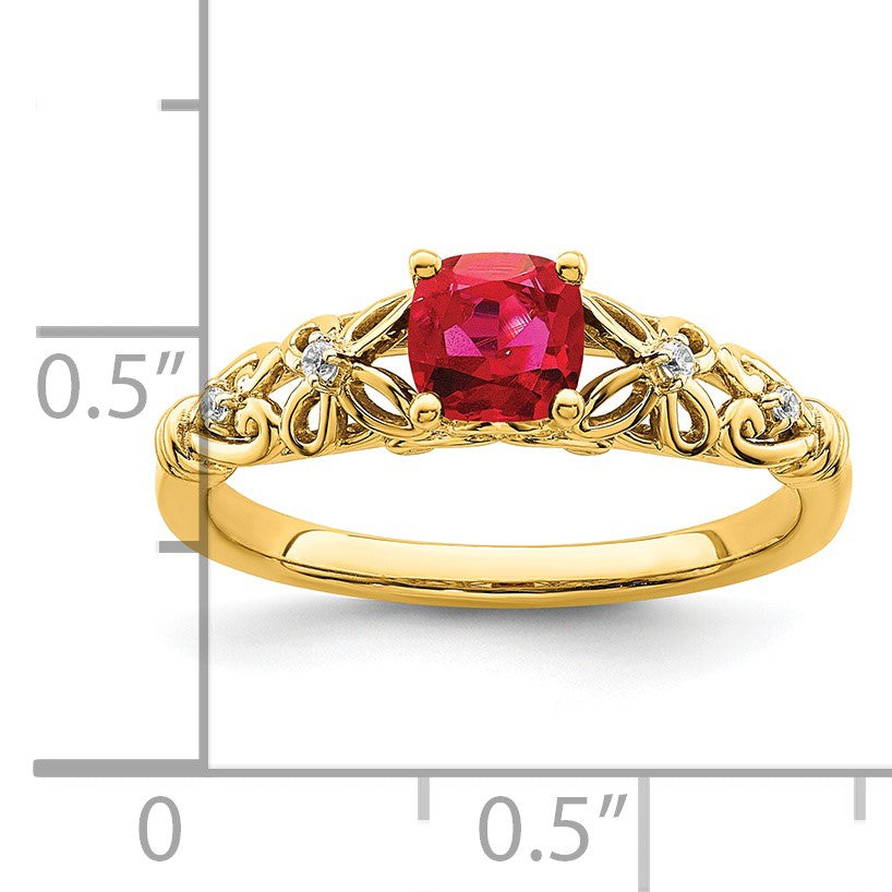 14k White Gold Polished 5mm Cushion Ruby and Diamond Filigree Ring