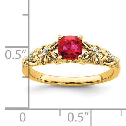 14k White Gold Polished 5mm Cushion Ruby and Diamond Filigree Ring