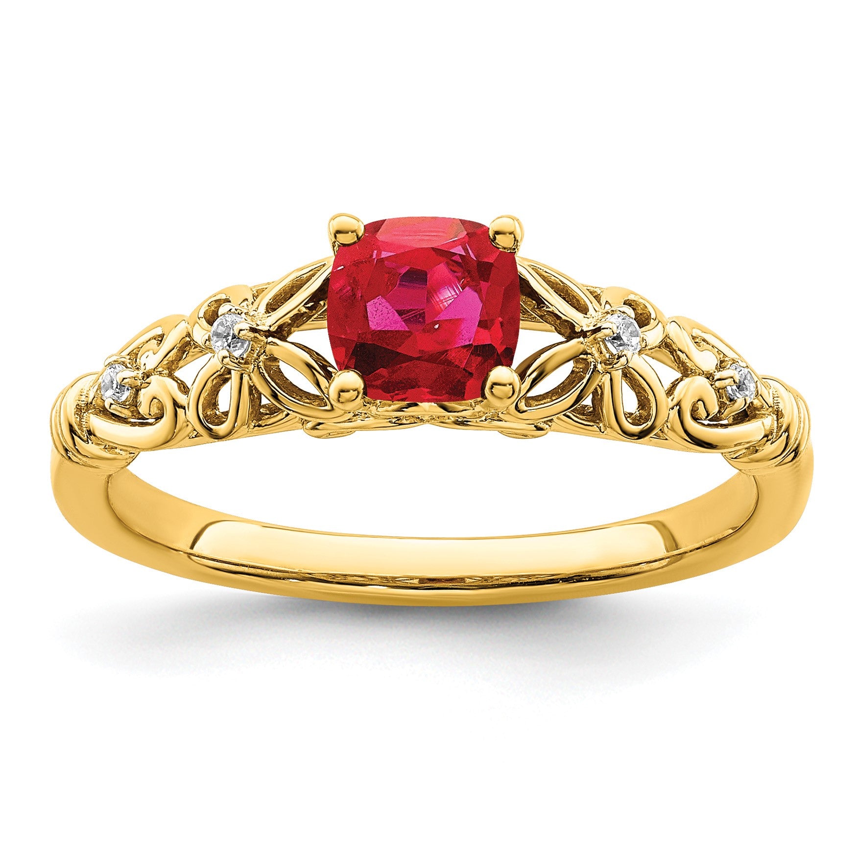 14k White Gold Polished 5mm Cushion Ruby and Diamond Filigree Ring