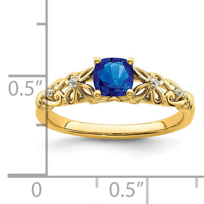 14k Polished 5mm Cushion Blue Sapphire and Diamond Filigree Ring