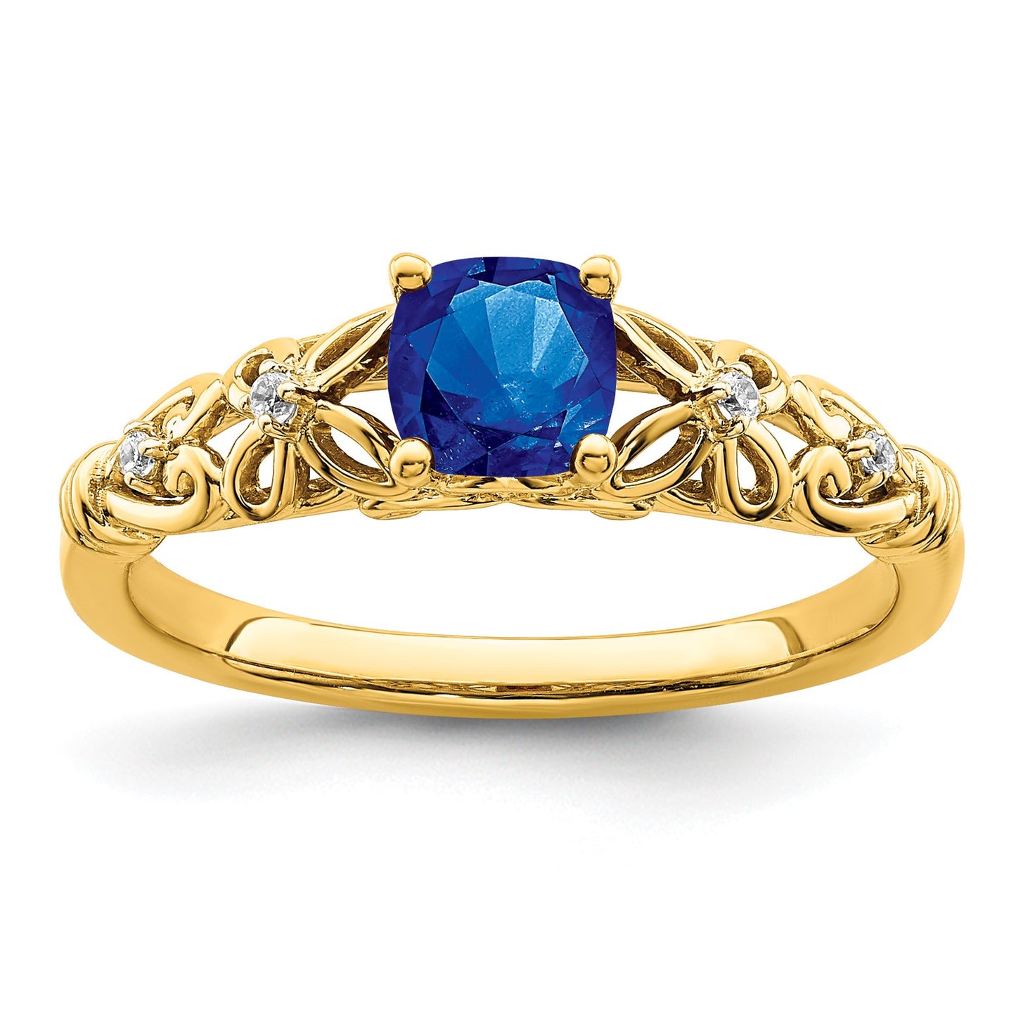 14k Polished 5mm Cushion Blue Sapphire and Diamond Filigree Ring